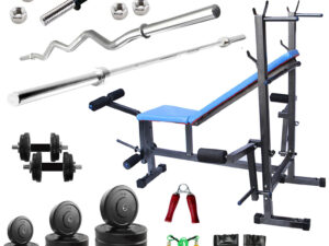 GYMCREW 100 KG Rubber Weight Home Gym WB with 8 in 1 Bench +5 Plain Rod + 3 Ft Curl Rod