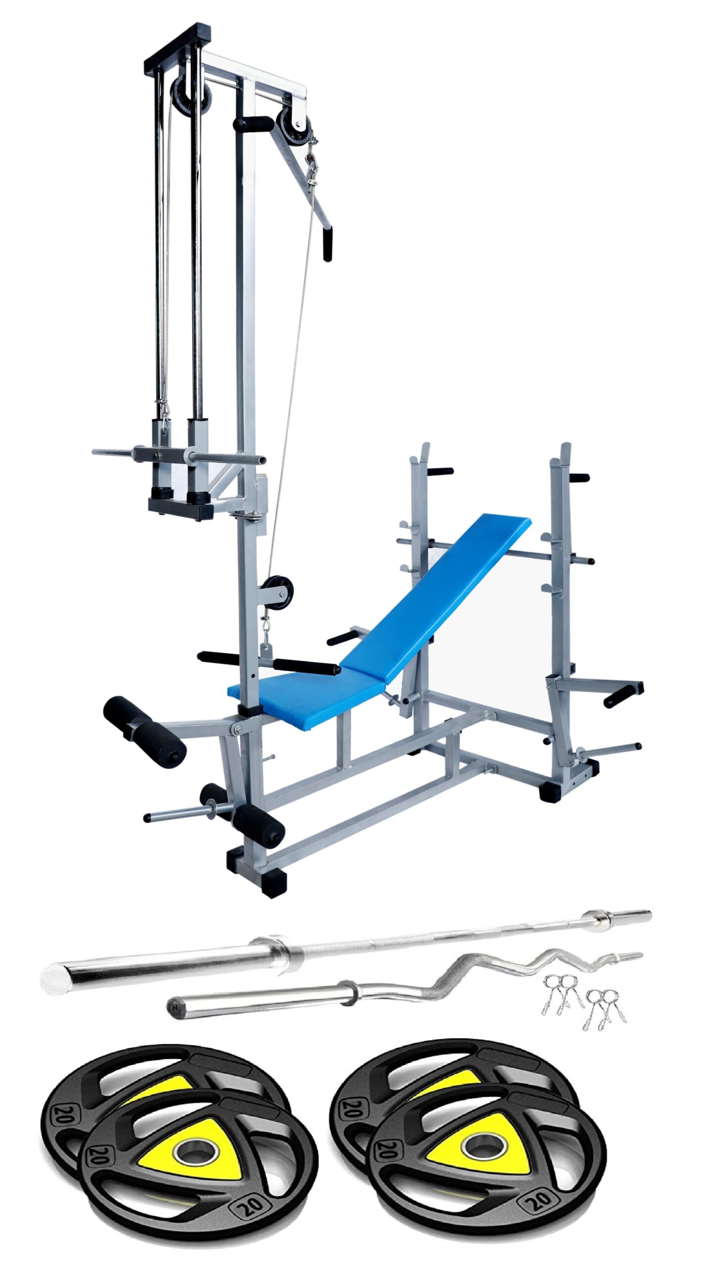 GYMCREW 20 in 1 double support bench silver with 50 kg imported weight & 5 Ft Plain Rod (25 mm) & 3 Ft Curl Rod (20 mm)
