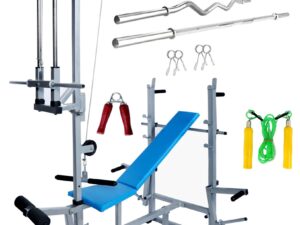 GYMCREW 20 in 1 double support bench silver with 40 kg rubber weight & 5 Ft Plain Rod (25 mm) & 3 Ft Curl Rod (20 mm)