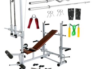 GYMCREW 20 in 1 Single support bench silver with 40 kg rubber weight & 5 Ft Plain Rod (25 mm) & 3 Ft Curl Rod (20 mm)