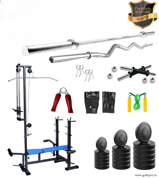 GYMCREW 20 in 1 Single support bench Black with 50 kg rubber weight & 5 Ft Plain Rod (25 mm) & 3 Ft Curl Rod (20 mm)