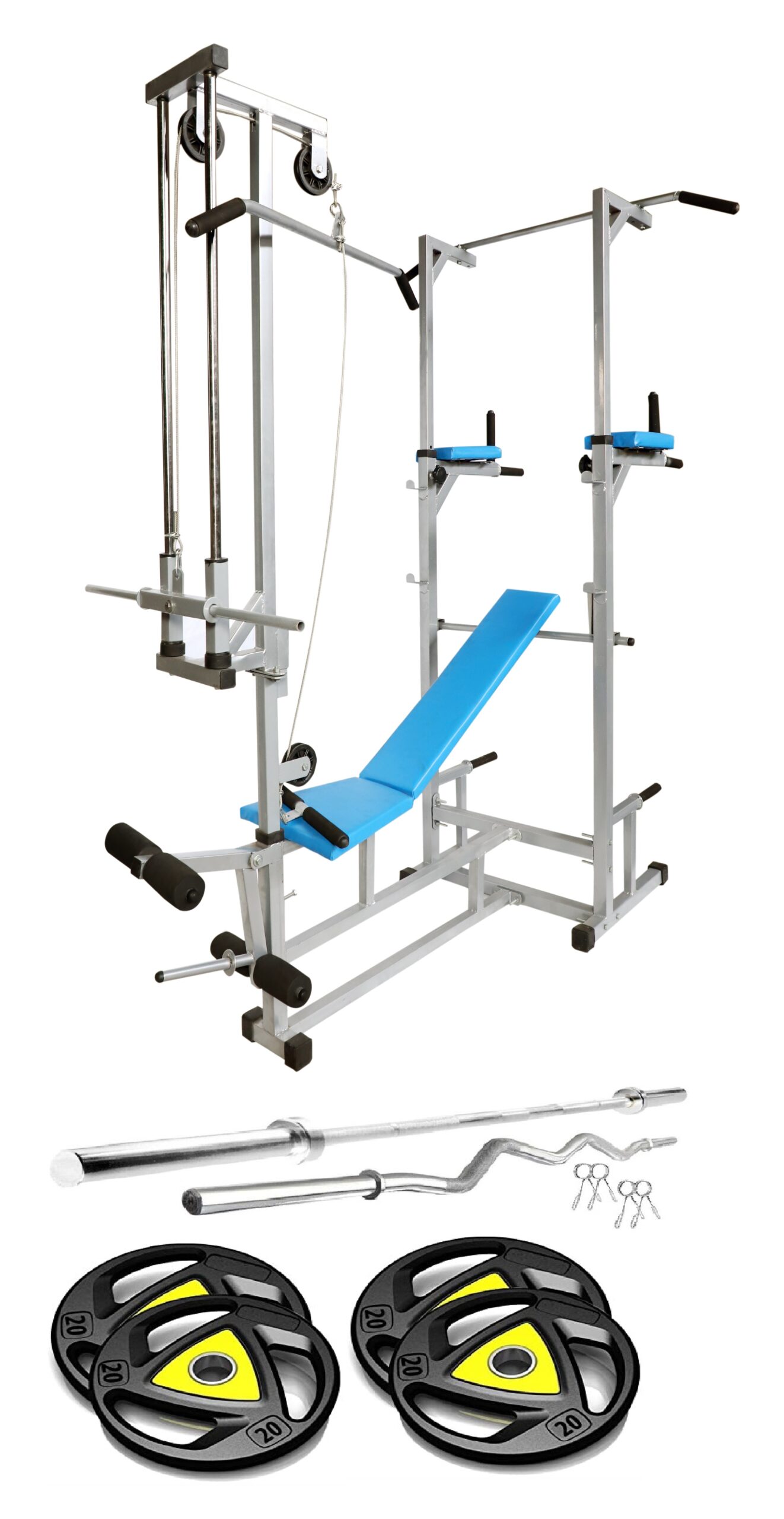 GYMCREW 20 in 1 ABS Tower bench silver with 70 kg imported weight & 5 Ft Plain Rod (25 mm) & 3 Ft Curl Rod (20 mm)