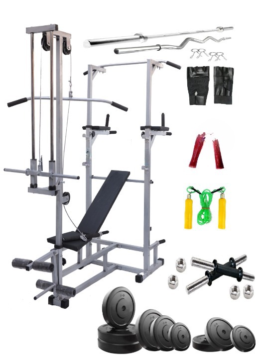 GYMCREW 20 in 1 ABS Tower bench silver with 50 kg rubber weight & 5 Ft Plain Rod (25 mm) & 3 Ft Curl Rod (20 mm)